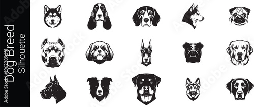 Dog Breed Silhouette Front view of dogs group standing or sitting of different breeds vector silhouette collection