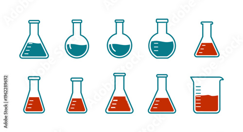 Illustrated chemical glassware of different shapes and volumes for scientific research, vector
