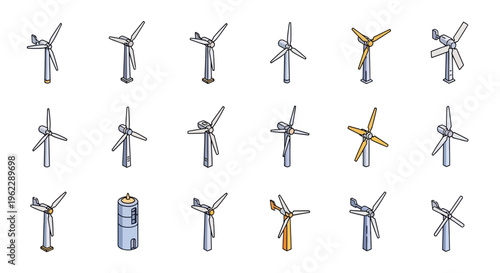 Illustrated collection of windmills depicting sustainable energy solutions and renewable