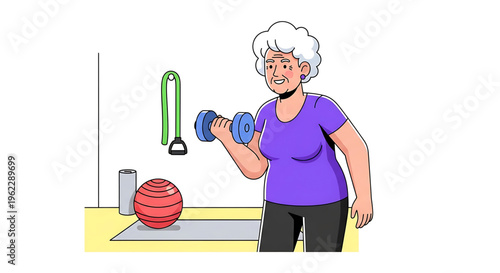 An elderly woman engaging in a workout routine with dumbbells and exercise equipment in a modern gym