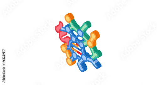 Isometric representation of a molecular structure with interconnected components and shapes