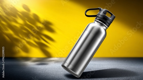 Stainless steel water bottle displayed on a yellow background with shadow play