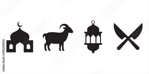 Vector collection of black Islamic silhouette icons featuring Kaaba, mosque, goat, lantern, Quran, and praying figures for Ramadan and Eid al-Adha religious celebration designs.
