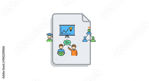 Educational concept illustration featuring teamwork, learning, and insightful presentations