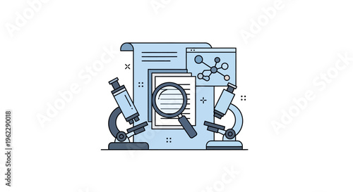 Illustration depicting scientific research, analysis, and discovery, minimalist design