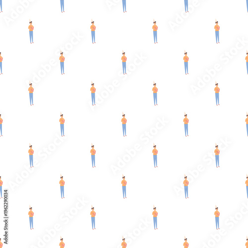 Cartoon boy wearing a party hat standing with arms crossed creating a repeating seamless pattern