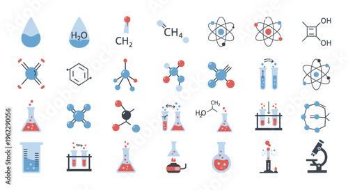 Illustration of chemistry elements and laboratory equipment in a flat design style