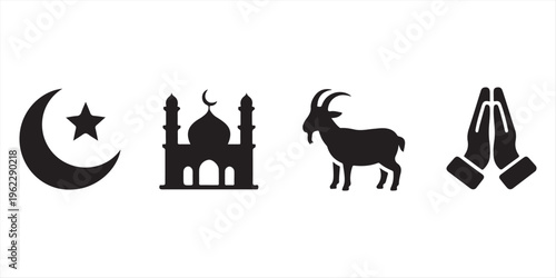 Vector collection of black Islamic silhouette icons featuring Kaaba, mosque, goat, lantern, Quran, and praying figures for Ramadan and Eid al-Adha religious celebration designs.