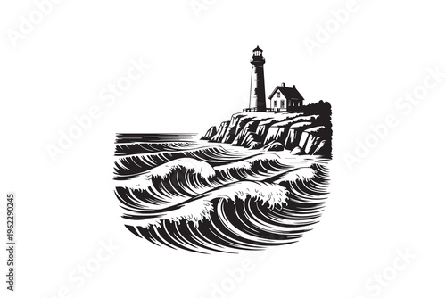 Lighthouse and Ocean Waves Illustration vector