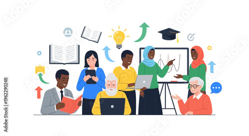 Diverse Group Collaborating on Learning, Innovation, and Business Growth. Multicultural Team Brainstorming and Developing Ideas for Success.