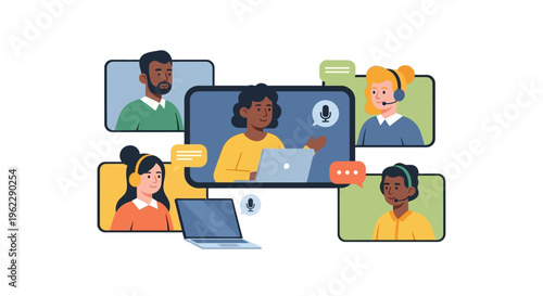 Diverse Team Video Conference Call. Virtual Online Meeting & Remote Collaboration Illustration