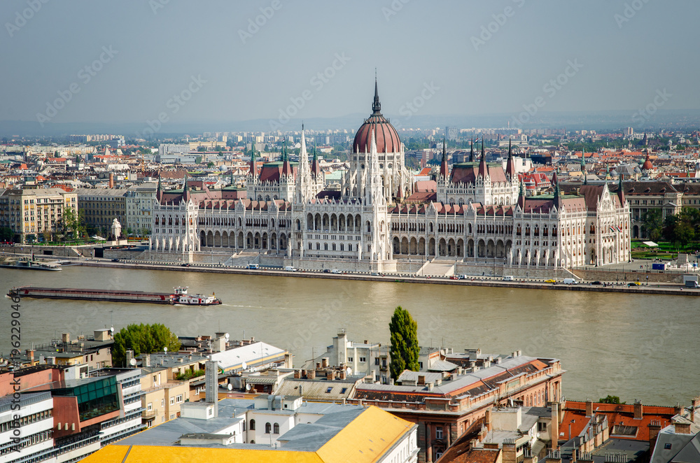 Fototapeta premium Panoramic view of the amazing building of Hungarian Parliament in Budapest.