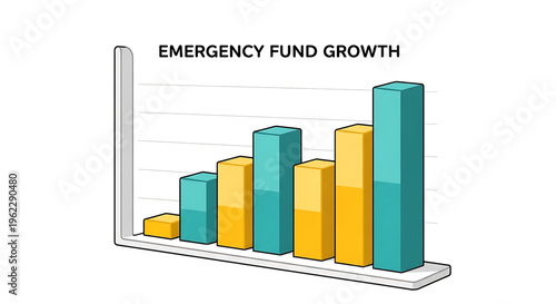 A vector graphic illustration of a growing emergency fund depicted as a colorful bar chart with a white background