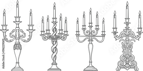 Hand-Drawn Vintage Candelabras with Multiple Candles and Intricate Designs for Elegant Home Decor and Romantic Settings