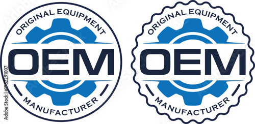 OEM gear badge logo set original equipment manufacturer blue industrial label round and wavy style vector