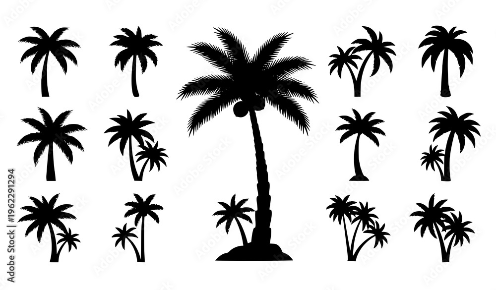 Fototapeta premium Minimal Palm Tree Silhouettes – Black Coconut Trees Vector Set