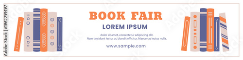 Horizontal banner for a book fair. Template for a book exhibition featuring various books in orange and purple colors. Advertising poster.