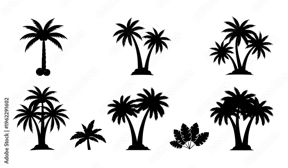 Fototapeta premium Black Palm Tree Vector Icon Set – Tropical & African Tree Silhouettes
