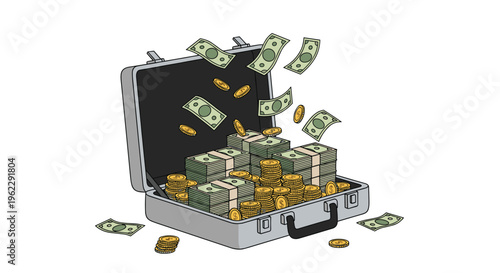Open grey briefcase overflowing with stacks of dollar bills and golden coins flying out on a clean white background.