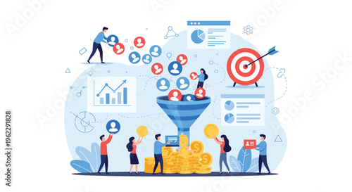 Customer acquisition funnel concept featuring tiny people managing leads and data to generate financial growth and success.
