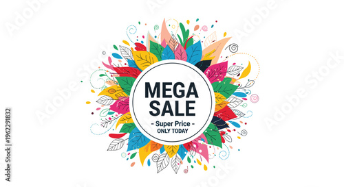 Vibrant mega sale banner featuring a white circular frame surrounded by colorful tropical leaves and festive decorations.