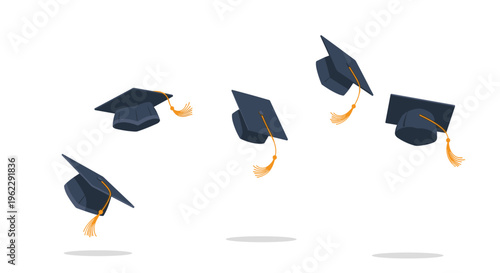 Multiple black graduation caps with golden tassels thrown high up in the air celebrating a successful academic achievement.