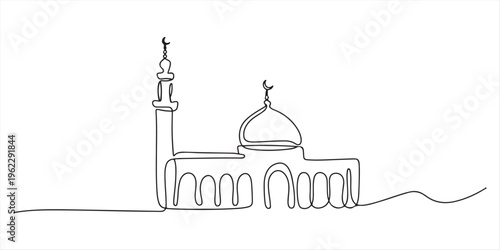 Mosque continuous line design. Islamic architectural design concept. Celebration of Ramadan, Eid al-Fitr Eid al-Adha and Islamic New Year. one line Icon drawing