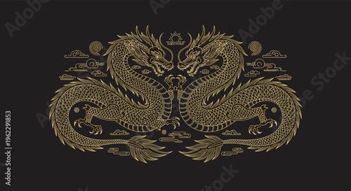 Intricate golden line art depicting two symmetrical oriental dragons facing each other on a solid black background.