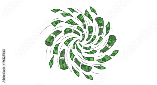 Dynamic vortex or spiral of green dollar bills and stacks of cash flying through the air on a white background.