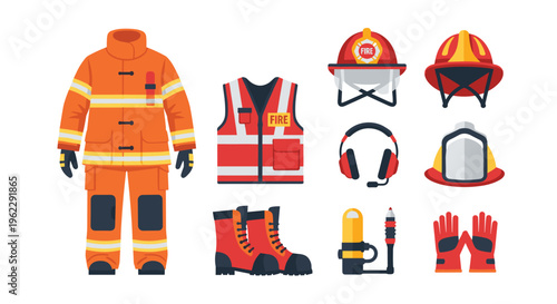 Complete set of professional firefighter gear including protective suit, helmets, boots, gloves, and breathing apparatus.