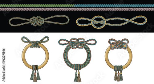 Set of decorative nautical ropes, knots, and tassels in various colors and designs against black and white backgrounds.