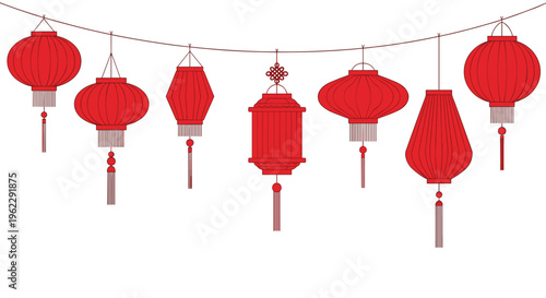 Selection of traditional red Chinese lanterns in various shapes and sizes hanging on a thin string against a white background.