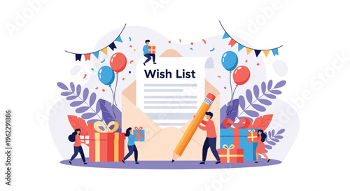 Holiday wish list concept with small people carrying gift boxes and writing on a giant letter inside an envelope.