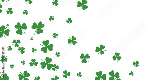 Dynamic pattern of green three-leaf clovers or shamrocks falling and gracefully scattered across a plain white background.