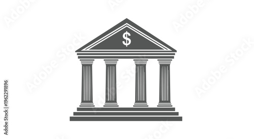 Classic grey bank or government building icon with columns and a dollar sign on the pediment against a white background.