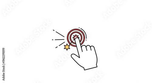 Digital target hitting concept showing a human hand icon pointing at the center of a red and white bullseye target.