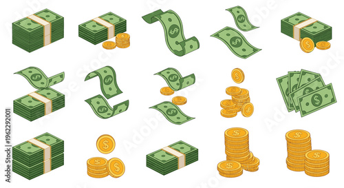 Pixel art set of green paper money banknotes and golden coins in various piles and flying arrangements for video game assets.