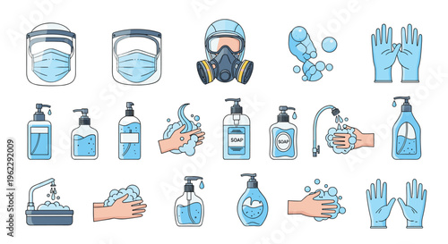 Detailed pixel art icons for personal protective equipment and hygiene including masks, face shields, gloves, and sanitizer for health safety.