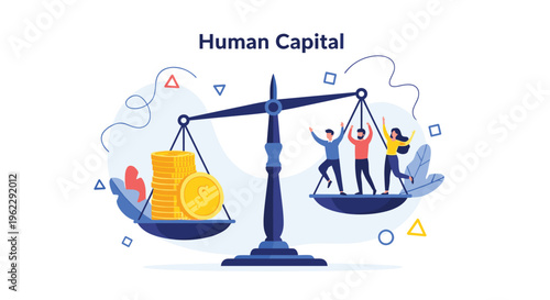 Conceptual vector illustration of human capital balancing a group of people against a stack of gold coins on a blue balance scale for business.