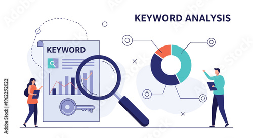Marketing professional analyzing keyword strategy using a magnifying glass on a data sheet with colorful charts and detailed pie graphs.