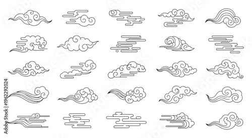 Traditional oriental cloud patterns in various stylized shapes and black line art for classic decorative borders and cultural backgrounds.