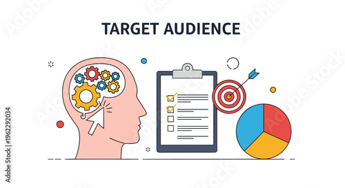 Target audience analysis illustration featuring a human head profile with internal gears, a professional checklist, and a colorful pie chart.