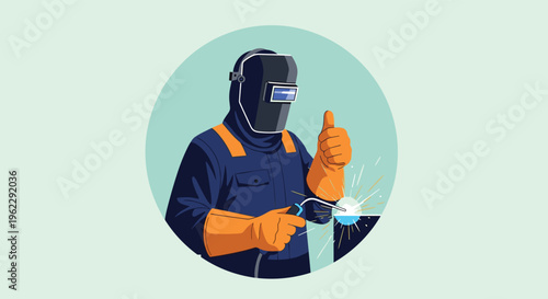 Skilled industrial welder wearing a protective helmet and gloves performing metalwork while giving a thumbs up in a modern circular frame.