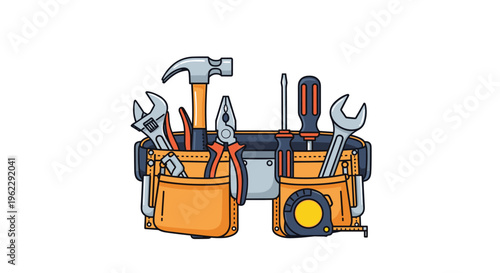 Heavy duty tool belt filled with various construction hand tools like a hammer, wrenches, pliers, and screwdriver in a colorful pixel art style.