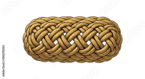 Detailed hand drawn engraving of a decorative braided rope knot with intricate textures and fibers on a clean white background for graphics.