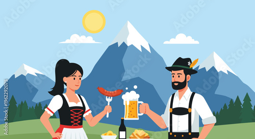 Cheerful couple in traditional Bavarian outfits enjoying beer and sausages during Oktoberfest with a scenic mountain landscape background.