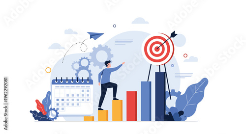 Motivated businessman climbing a colorful bar graph toward a red target symbol representing career success and personal achievement milestones.