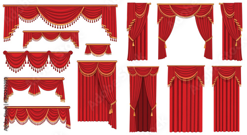 Extensive set of pixel art red curtains and theater drapes with golden tassels for stage decoration and professional window treatments.