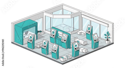 A modern, minimalist vector graphic illustration of a futuristic retail store interior with sleek kiosks and a clean design
