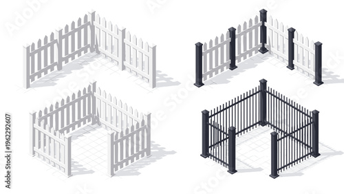 Collection of various fence designs in isometric view including classic white picket fences and modern black metal garden styles.